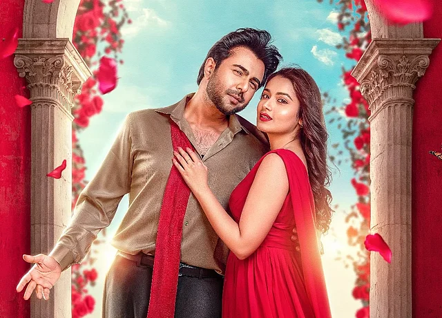 তাসনিয়া পরেছেন লাল গাউন আর অপূর্বর লাতেরঙা শার্টে লাল স্কার্ফ