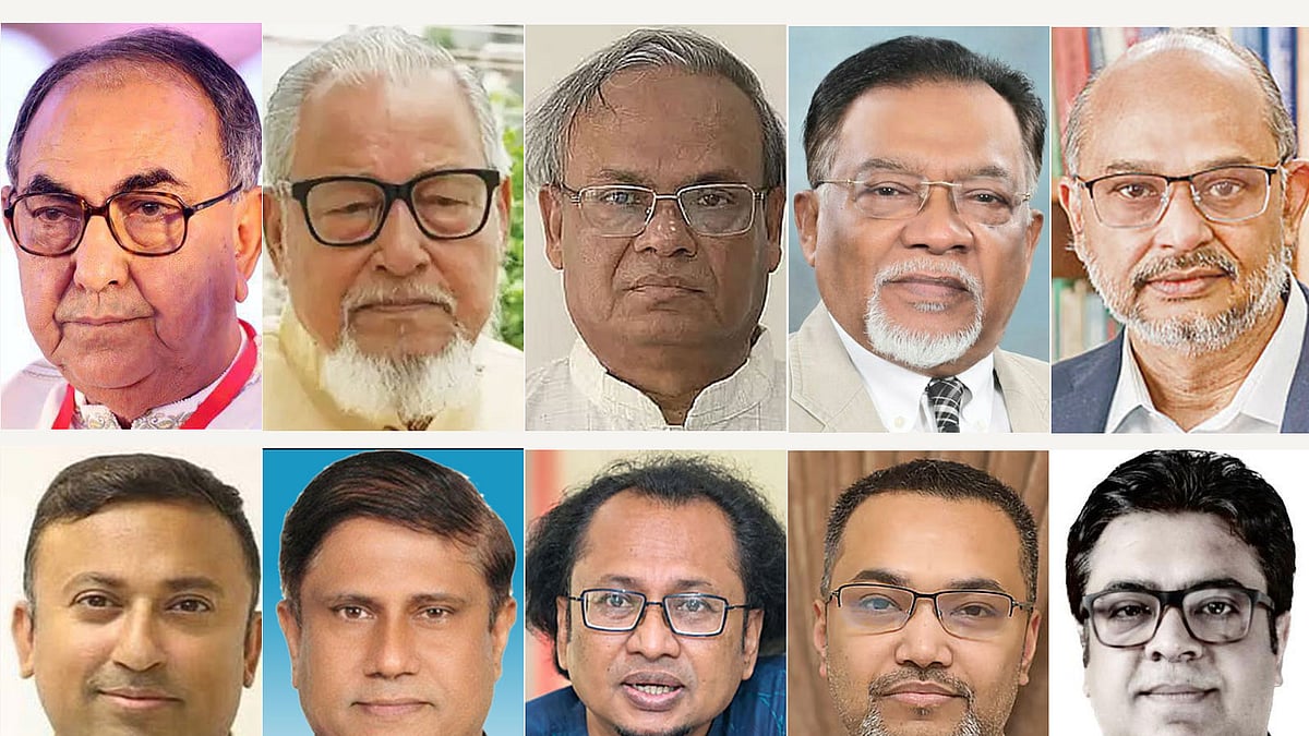 (ওপরে বাঁ থেকে) মির্জা আব্বাস উদ্দিন আহমেদ, নজরুল ইসলাম খান, রুহুল কবীর রিজভী আহমেদ, মো. ইসমাইল জবিউল্লাহ ও রাশেদ আল মাহমুদ তিতুমীর; (নিচে বাঁ থেকে) হুমায়ুন কবির, ব্রিগেডিয়ার জেনারেল (অব.) শামসুল ইসলাম, জাহেদ উর রহমান, মাহ্দী আমিন ও রেহান আসিফ আসাদ