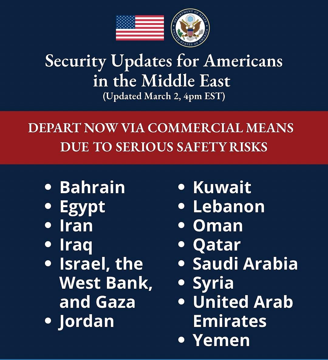 মার্কিনিদের  ইরান–ইরাক–ইসরায়েলসহ মধ্যপ্রাচ্যের কয়েক দেশ এখনই ছাড়তে নির্দেশ