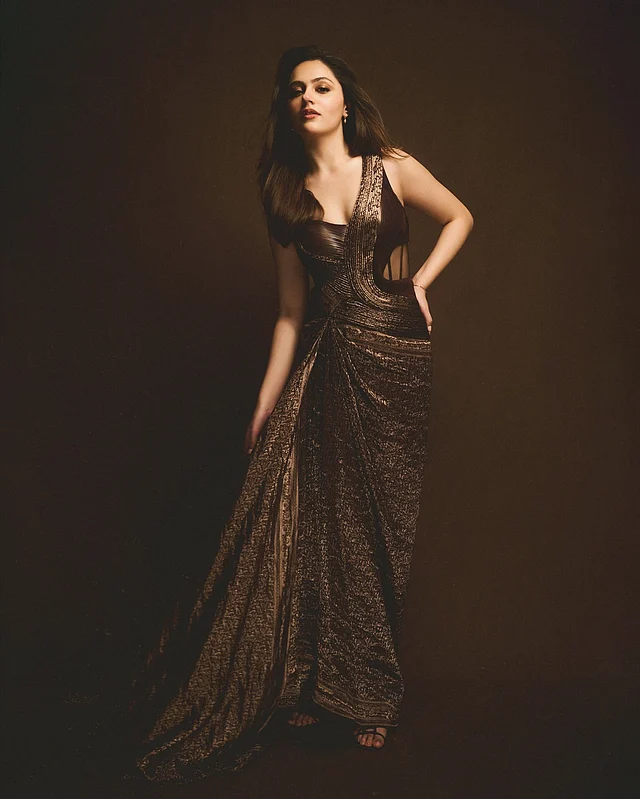 এখানে বলিউডের নতুন ক্রাশকে দেখা যাচ্ছে স্ট্রাকচার্ড কফিরঙা শাড়ি গাউনে