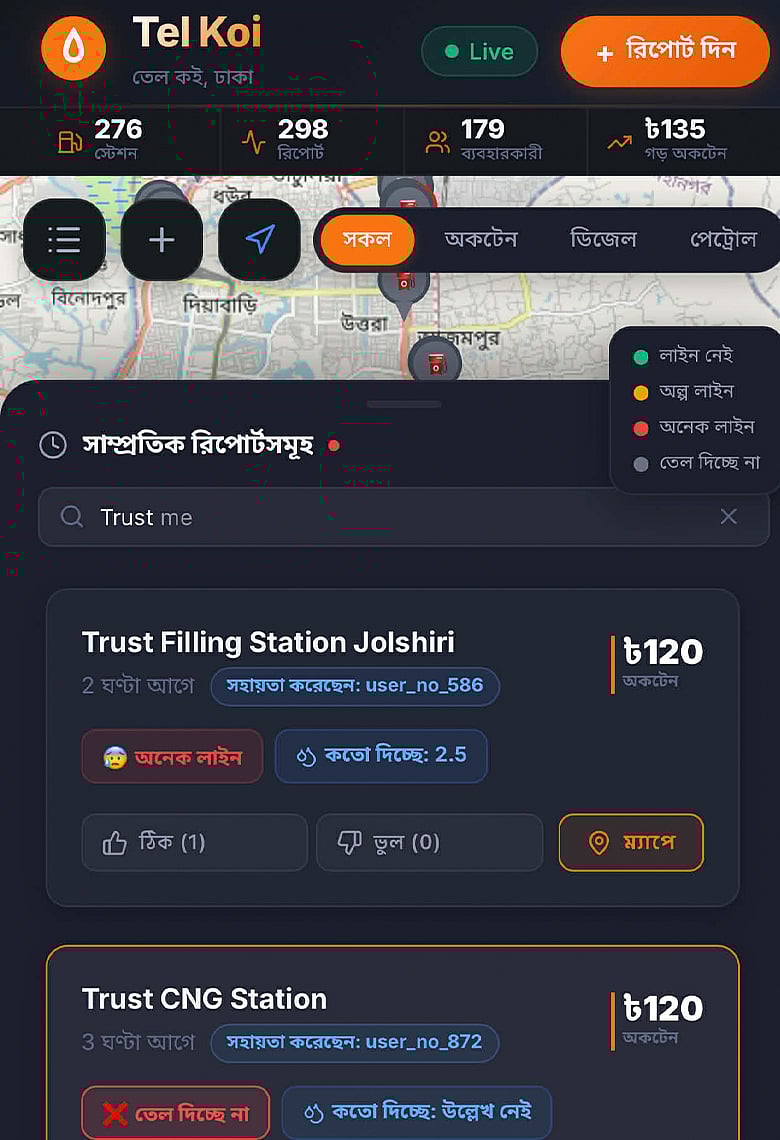 'তেল কই' অ্যাপ থেকে জানা যাবে কোন পেট্রোল পাম্পে তেল পাওয়া যাচ্ছে আর কত বড় লাইন 