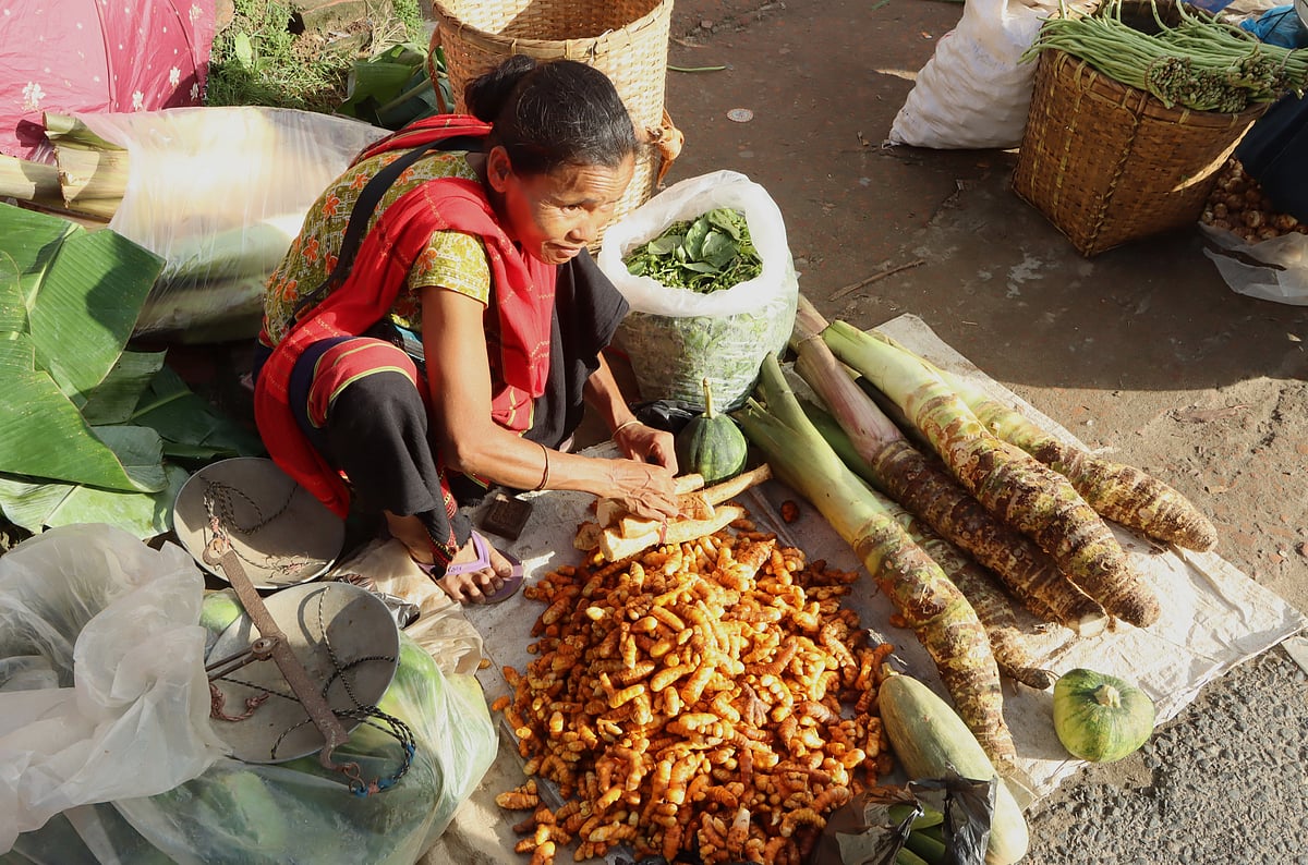 জুমের টাটকা হলুদ আর কচু নিয়ে বাজারে বিক্রির জন্য এসেছেন এক নারী 