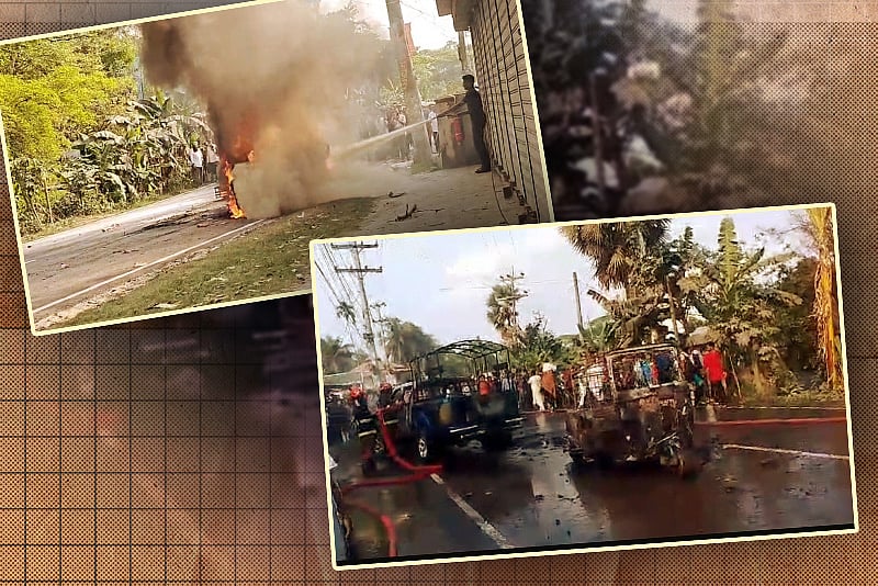 চাঁদপুরে সিএনজির সঙ্গে পুলিশের পিকআপের সংঘর্ষ, মুহূর্তেই আগুন