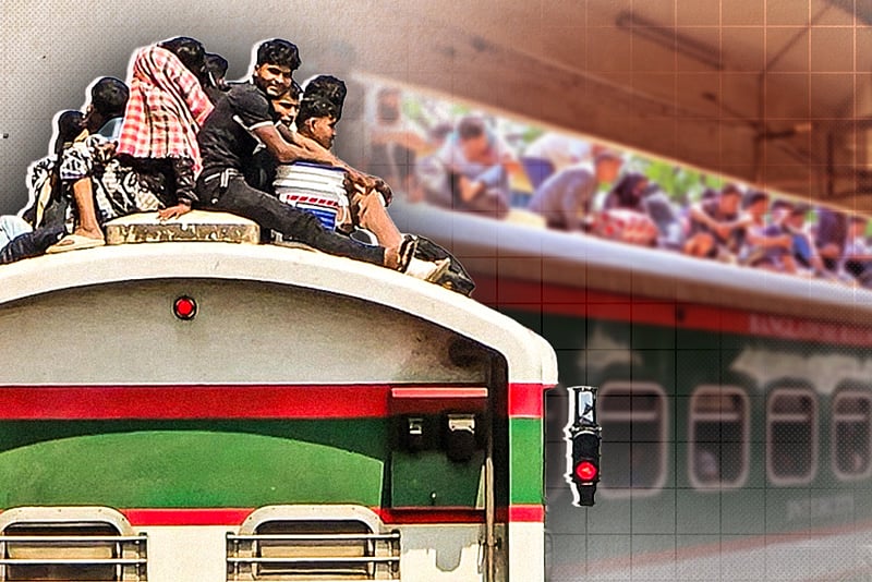 ঈদযাত্রায় কমলাপুরে উপচে পড়া ভিড়, ঝুঁকি নিয়েই ট্রেনের ছাদে যাত্রা