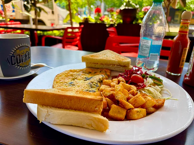 দুপুরের খাবারে ঝিল ওমলেট, চৌকো করে কাটা আলুভাজা, ব্রাউন ব্রেড আর সালাদ