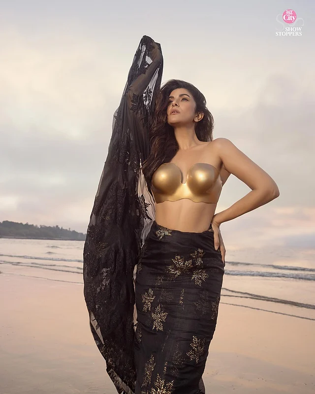 সোনালি ব্রেস্টপ্লেটের সঙ্গে কালো শাড়ির বোল্ড লুক 