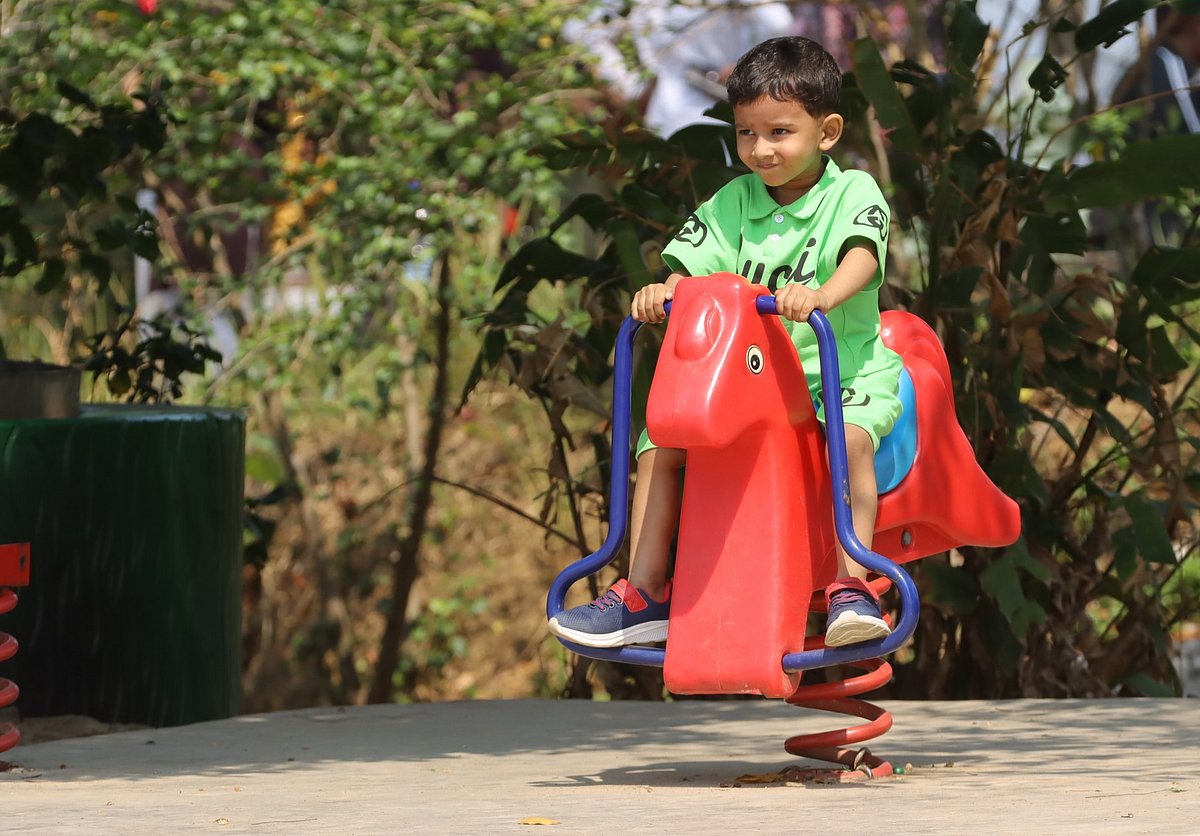 রঙিন ঘোড়ায় চড়ে আনন্দে মেতে উঠেছে এক শিশু। 