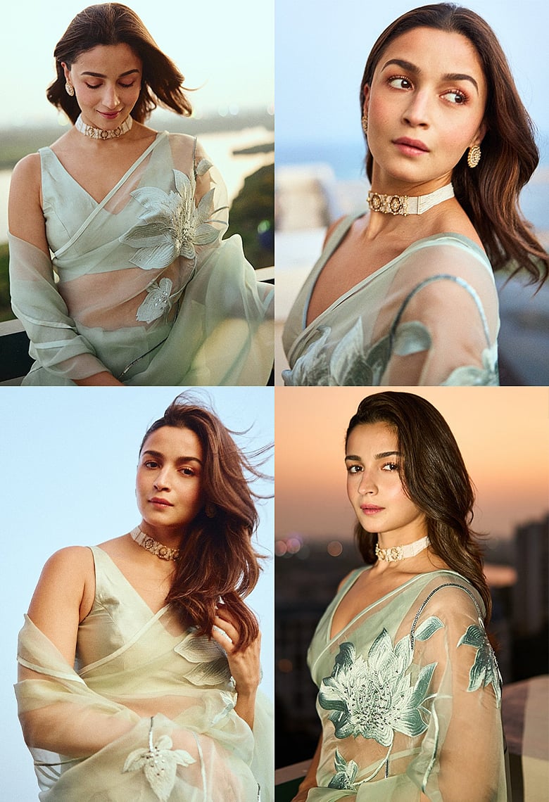 মিন্ট গ্রিন শাড়িতে আলিয়ার স্বপ্নময় লুক