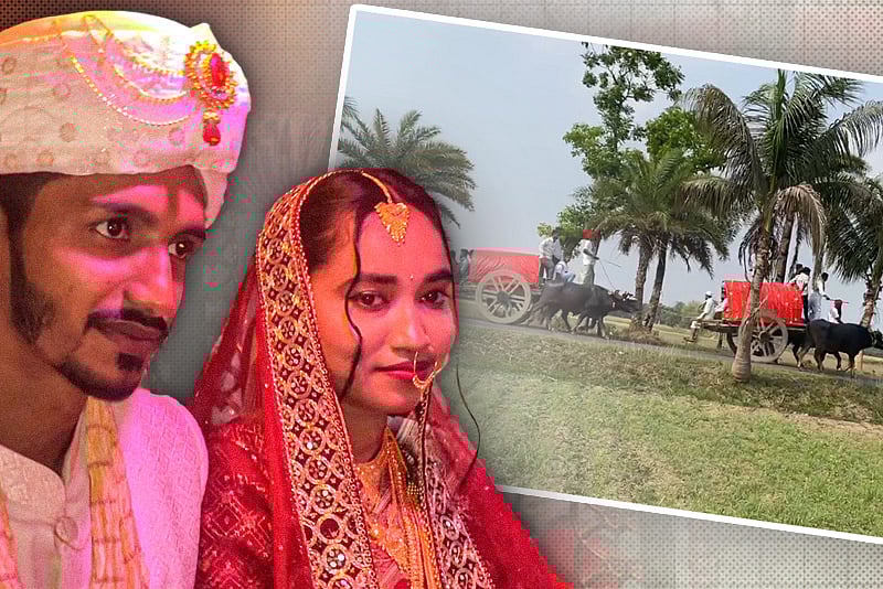 বাবা-মায়ের ঐতিহ্য ধরে রেখে গরু-মহিষের গাড়িতে ব্যতিক্রমী বরযাত্রা