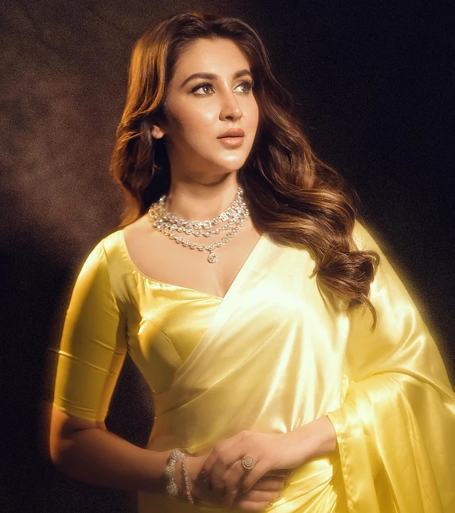 ঐন্দ্রিলা পরেছেন ভাইব্রেন্ট সানশাইন ইয়েলো শেডের একটি সাটিন শাড়ি। জুটি হয়েছে ম্যাচিং হাফ-স্লিভ ব্লাউজ। এর ডিপ সুইটহার্ট নেকলাইন লুকটিকে করেছে আরও আবেদনময়ী