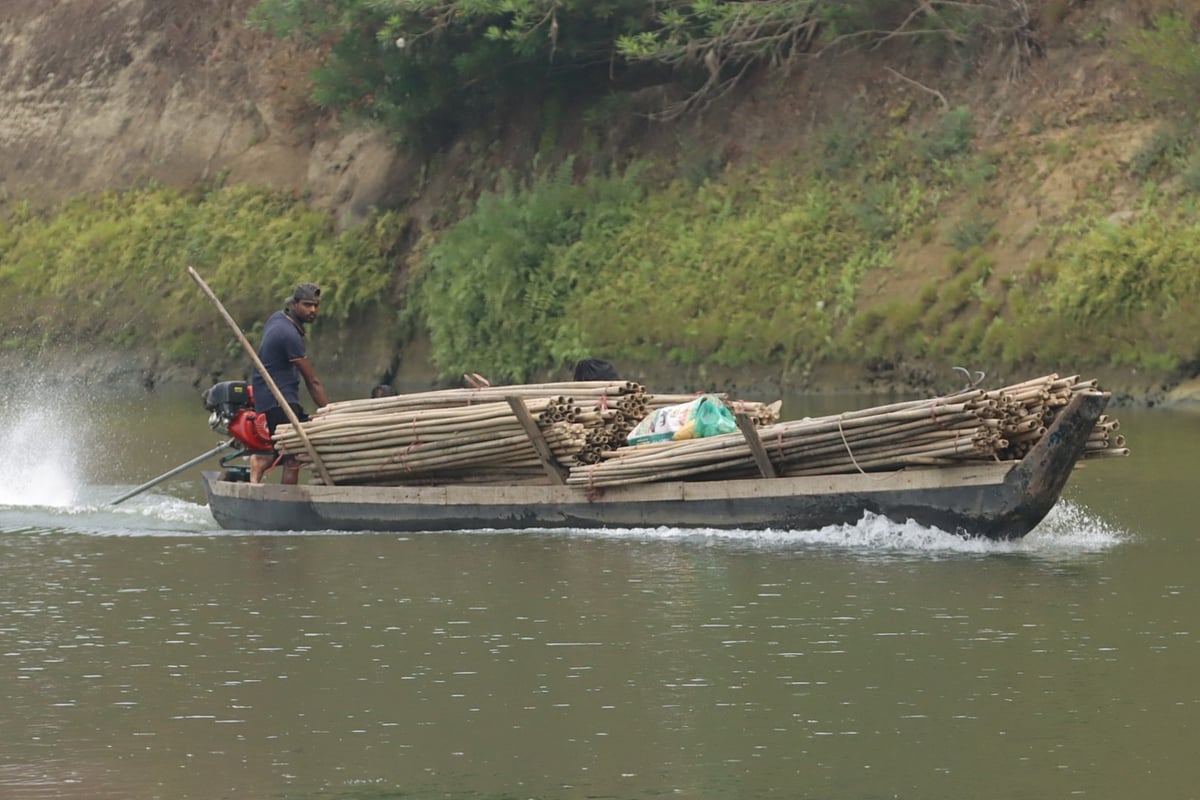 সাঙ্গু নদীতে নৌকাভর্তি বাঁশ নিয়ে যাচ্ছেন মাঝি 