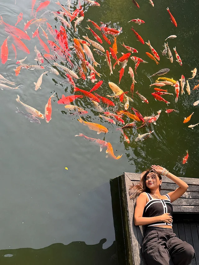 রঙিন মাছের রাজ্যে সুনেরাহ বিনতে কামাল পরেছেন কালো-সাদা টপ আর সুরমা রঙের কার্গো প্যান্ট