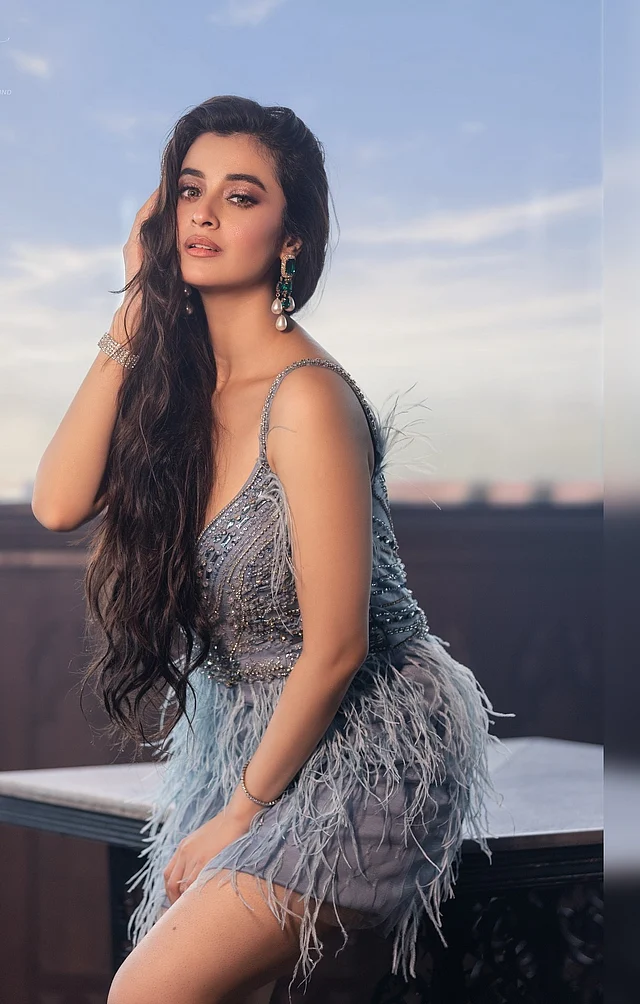 ফ্রিঞ্জ ফেদার আর সিকুইনের ধূসর মিনিড্রেসে দর্শনা