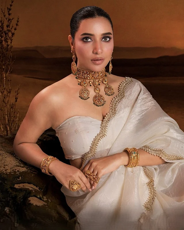 আরেকটি লুকেও শুভশ্রী পরেছেন স্ট্র্যা[পলেস ব্লাউজ ও মনোক্রোম সাদা শাড়ি