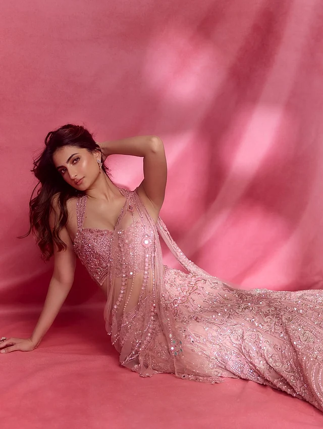 তাঁর এই নজরকাড়া পিঙ্ক নেট শাড়িতে রয়েছে সূক্ষ্ম বিডওয়ার্ক এবং সিকুইনের কাজ। এথিরিয়াল আভা ছড়াচ্ছেন যেন এই ডিভা । 