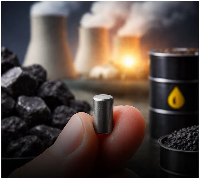 একটি ইউরেনিয়াম জ্বালানি পেলেট (আঙুলের ডগার মতো আকার) একটি আধুনিক বাড়িতে প্রায় ৩৫–৪০ দিন  বিদ্যুৎ সরবরাহ করতে পারে