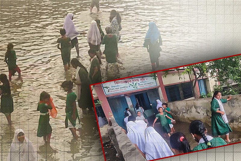 বৃষ্টিতে তলিয়ে গেছে স্কুলের মাঠ, পানি মাড়িয়েই শিক্ষার্থীদের যাতায়াত