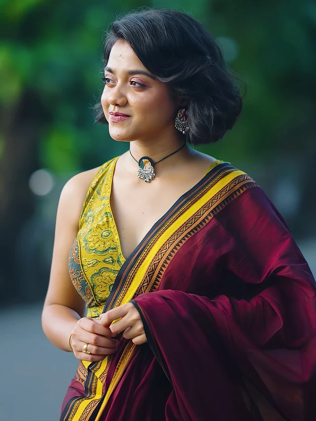 ডার্ক ওয়াইন রঙের শাড়ির সঙ্গে ফ্লোরাল প্রিন্টের হলুদ স্লিভলেস ব্লাউজটি তাঁকে দারুণ মানিয়েছে। ছোট করে কাটা ঢেউখেলানো চুল, গলায় ফ্যাব্রিক নেকলেস এবং ম্যাচিং দুল মিলিয়ে তাঁর এই সাজে এসেছে নান্দনিক ও স্টাইলিশ ছোঁয়া। 