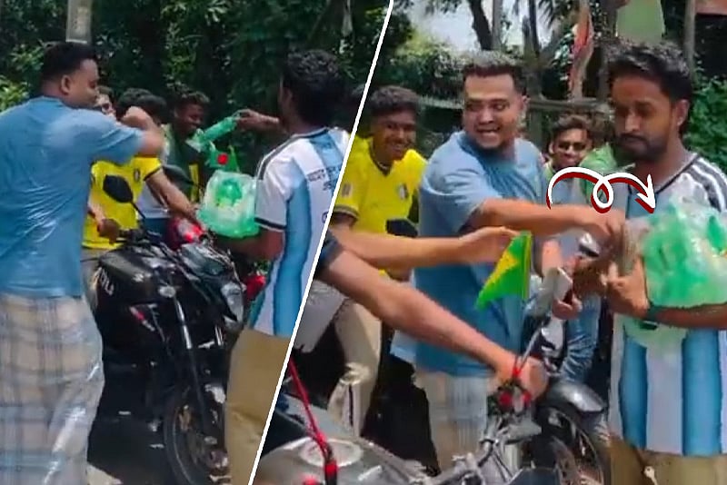 ব্রাজিল–ভক্তদের র‍্যালিতে আর্জেন্টিনার সমর্থকদের 7up বিতরণ