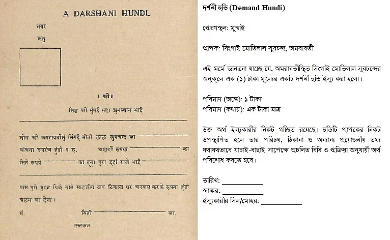 সেকালের দর্শনী হুন্ডি, হিন্দি ভাষায় (ডান পাশে অনুবাদ সংযুক্ত)