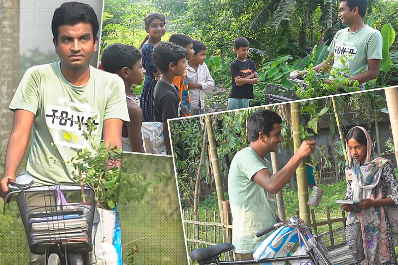 বই, গাছ আর মানবিকতার বার্তা নিয়ে গ্রামের পথে পথে মামুন