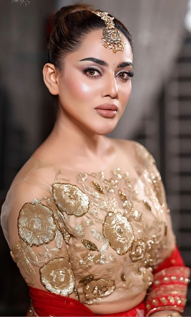 ঝলমলে কারুকাজ করা শিয়ার বডিসের দারুণ ডিজাইনে ন্যুড ড্রেসিংয়ের সবকটি চেকবক্সে টিক পড়েছে তমা মির্জার লুকে