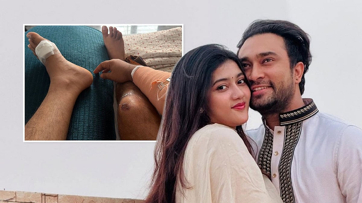 স্ত্রীসহ আহত অভিনেতা ফারহান আহমেদ জোভান। ছবি: কোলাজ