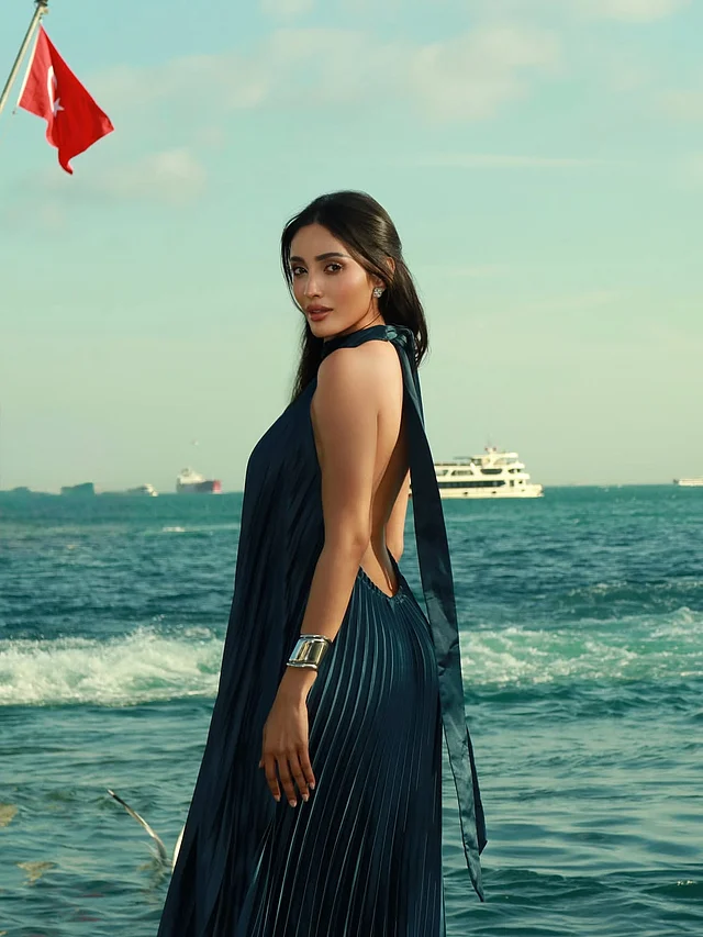 পেছনে ব্যাকলেস অংশে হলটারনেকের সঙ্গে রিবন নেমে গিয়েছে একই ফেব্রিকের। ড্রেসের সিলোয়েটে ফ্লোয়ি অভিজাত আমেজ