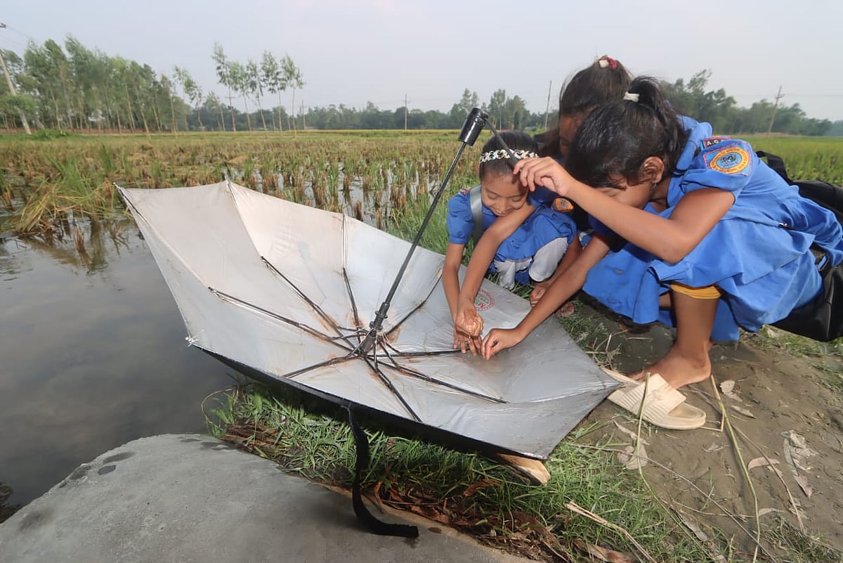 বর্ষার জলে মাছ ধরার আনন্দে