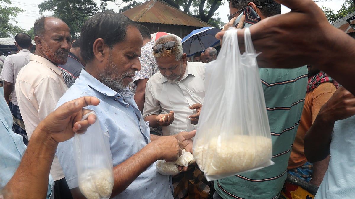 নমুনা দেখে চাল বেচাকেনা হয় মির্জাপুর হাটে। পলিথিনে আনা নমুনা দেখছেন ব্যবসায়ীরা