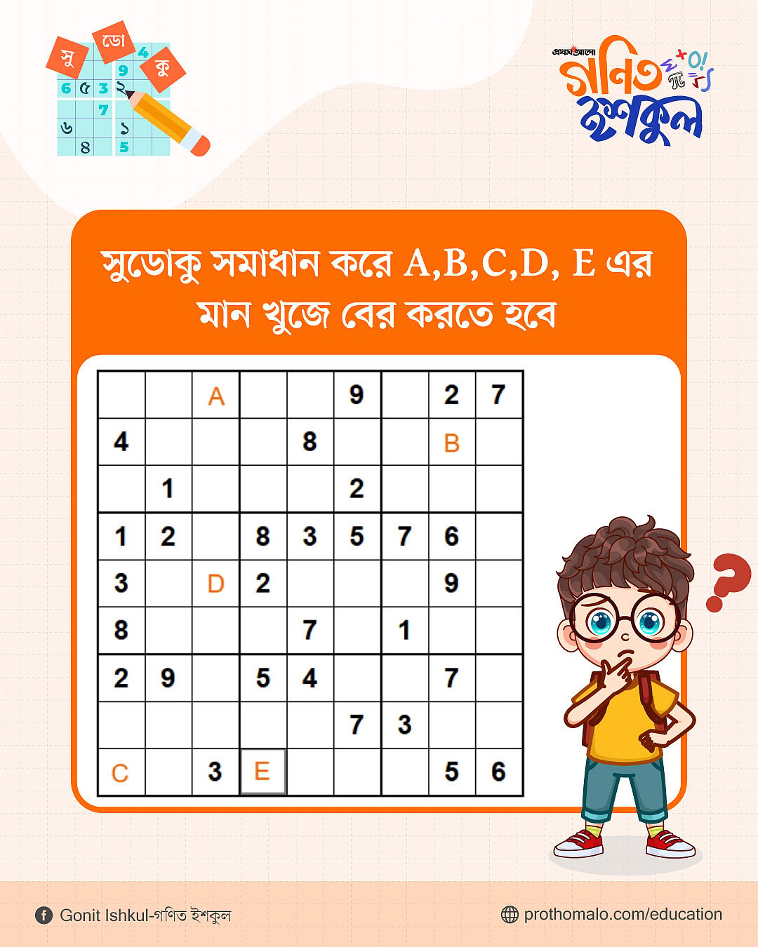 সুডোকু সমাধান করে A, B, C, D, E এর মান বের কর?