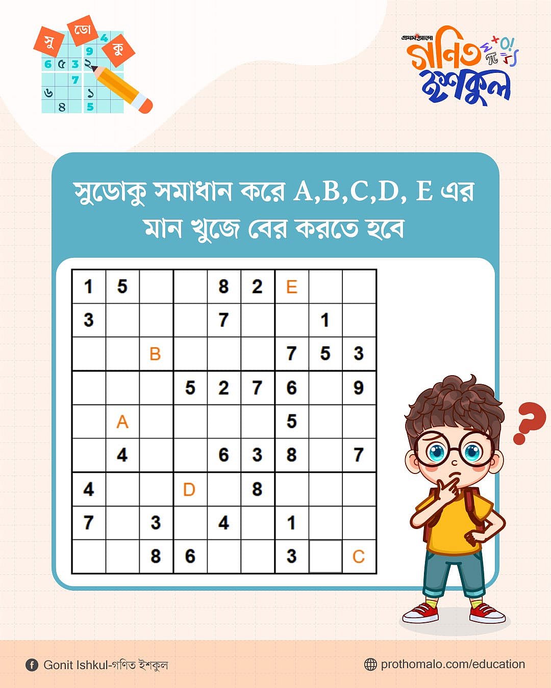 সুডোকু সমাধান করে A, B, C, D, E এর মান বের কর?