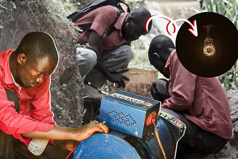 A village resident builds electricity from river power