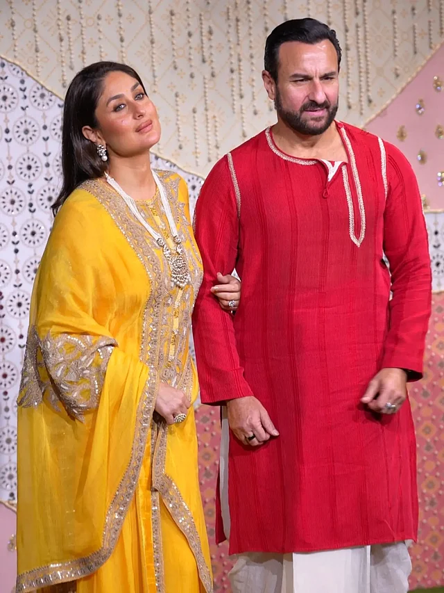 হলুদ সালওয়ার কামিজ আর লাল পাঞ্জাবিতে এসেছেন কারিনা কাপুর আর সাঈফ আলী খান 