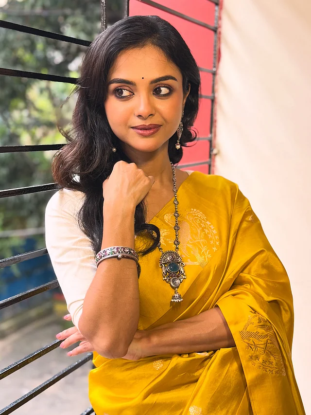শোলাঙ্কি রায় ময়ানেই মিষ্টি আবেদন। সরিষা হলুদ শাড়ির সঙ্গে সাদা ব্লাউজ পরেছেন অভিনেত্রী । গলায় অক্সিডাইজড রুপার স্টেটমেন্ট নেকলেস আর হাতে মানানসই বালা তাঁর সাজে যোগ করেছে ভিন্নমাত্রা। আর সেজেছেন কপালে ছোট্ট টিপ ও কাজল-রাঙা চোখে।