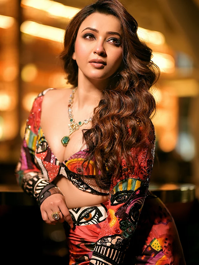 গভীর গলার ব্রালেট ধাঁচের ব্লাউজে রয়েছে লম্বা হাতা। পুঁতি ও সিকুইনের কাজ আলোয় ঝিলমিল করছে।