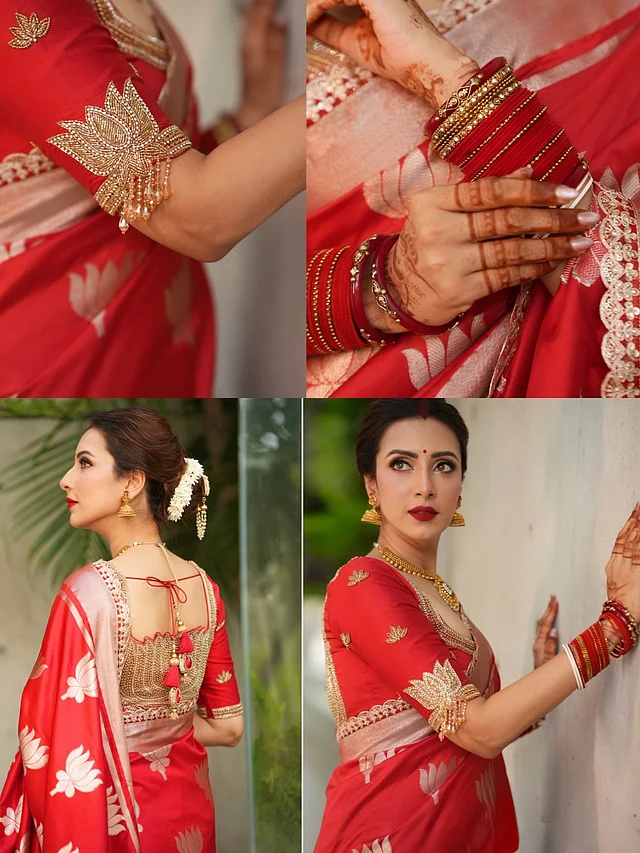এর হাতায় সোনালি বিডস ও জরদৌসি কাজের ছোট ছোট পদ্মফুলের নকশা। হাতার প্রান্তে ঝালরের মতো ঝুলে আছে পুঁতির কাজ।