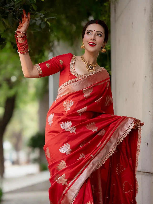 আঁচল ও পাড়েও রয়েছে একই নকশার ধারাবাহিকতা। শাড়ির বর্ডারে ঢেউখেলানো কাটওয়ার্কের কারুকাজে যোগ হয়েছে ভিন্ন মাত্রা। 