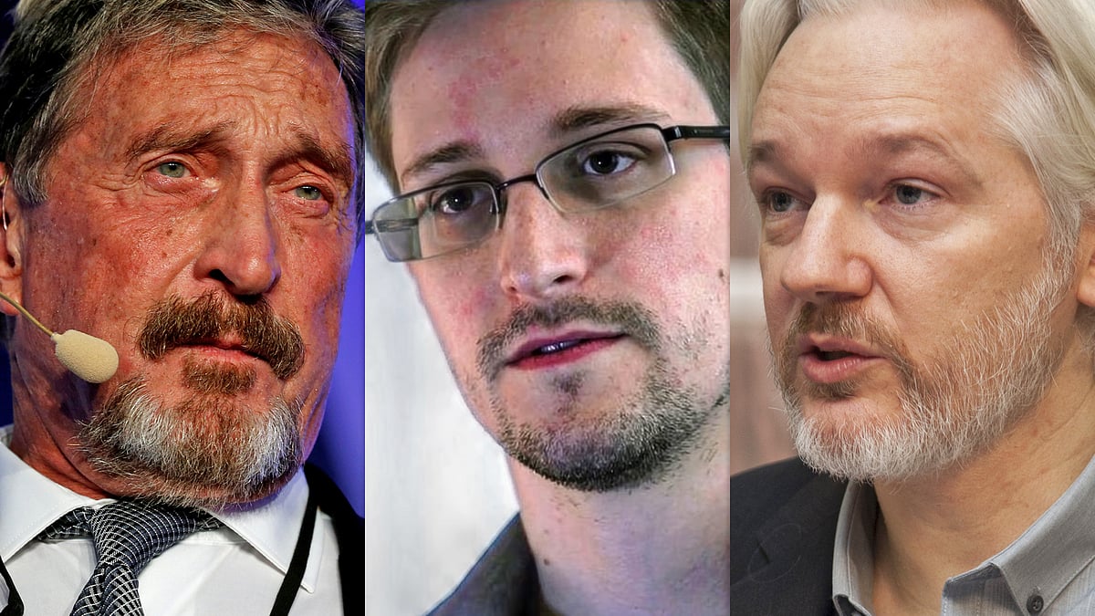 (বাঁ থেকে) জন ম্যাকাফি, এডওয়ার্ড স্নোডেন এবং জুলিয়ান অ্যাসাঞ্জ