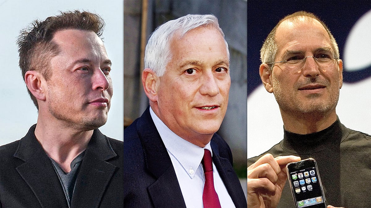 (বাঁ থেকে) ইলন মাস্ক, ওয়াল্টার আইজ্যাকসন এবং স্টিভ জবস। মাস্কের জীবনী লেখা শুরু করেছেন আইজ্যাকসন। এই লেখক জবসের জীবনীও লিখেছিলেন