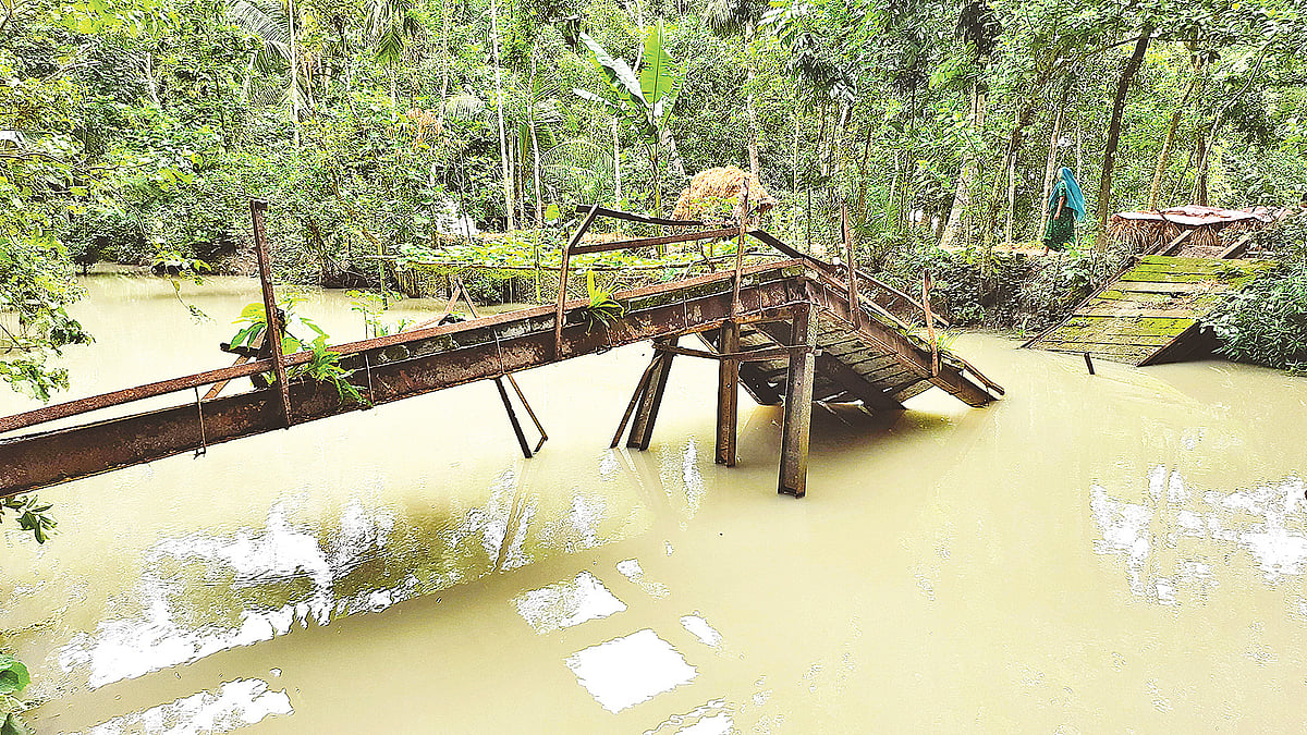 দুমকি উপজেলায় ভাড়ানী খালে ভেঙে পড়েছে লোহার সেতুটি। সাম্প্রতিক ছবি