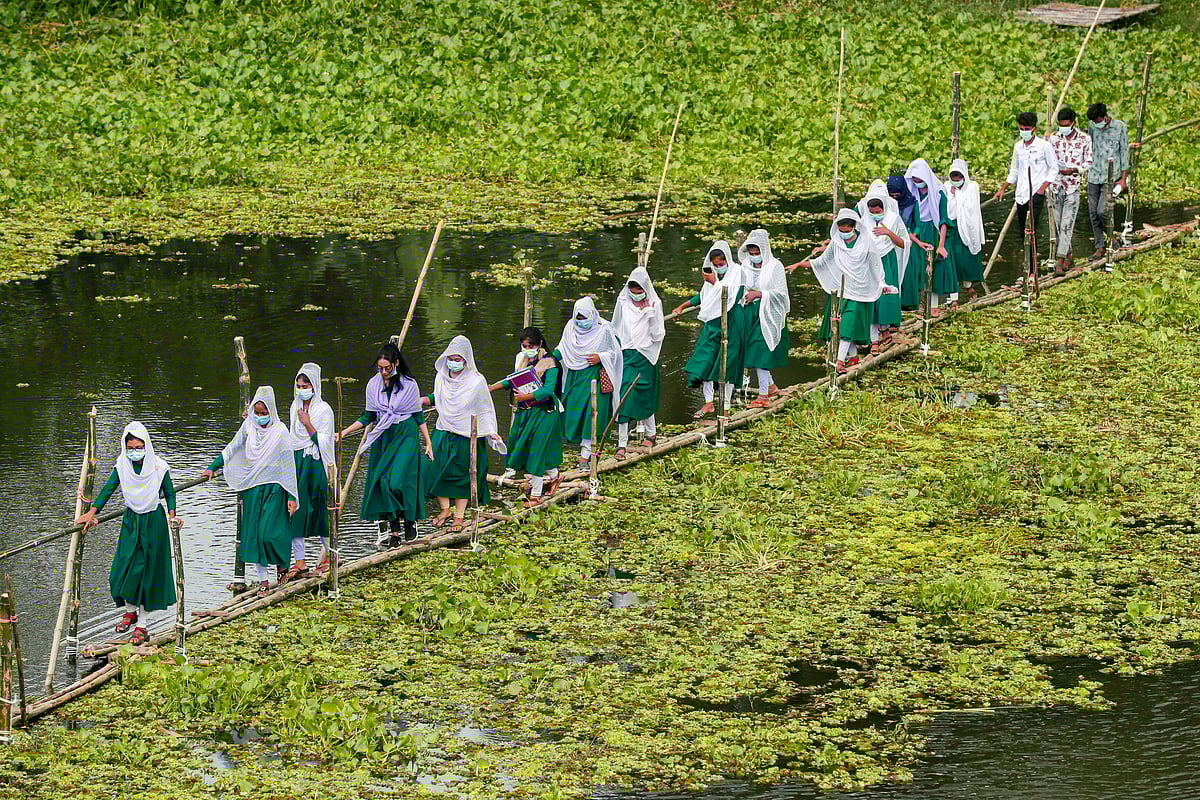 বাঁশের সাঁকো দিয়ে কালিয়াকৈরের ভাউমান টালাবহ মডেল হাইস্কুলে যাচ্ছে শিক্ষার্থীরা। রোববার সকাল সাড়ে নয়টার দিকে