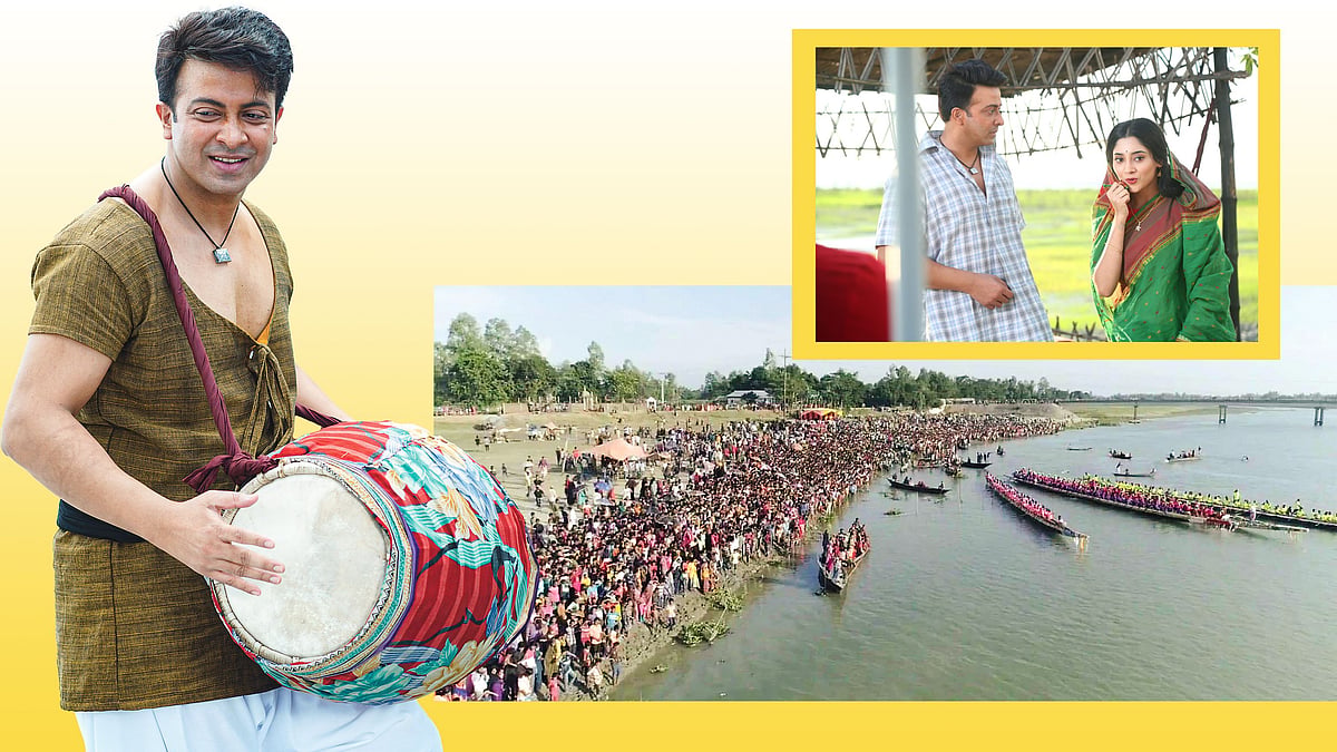 নৌকাবাইচের শুটিংয়ের প্রথম দিন সকাল থেকেই যমুনা নদীর ধার কানায় কানায় মানুষে পূর্ণ ছিল