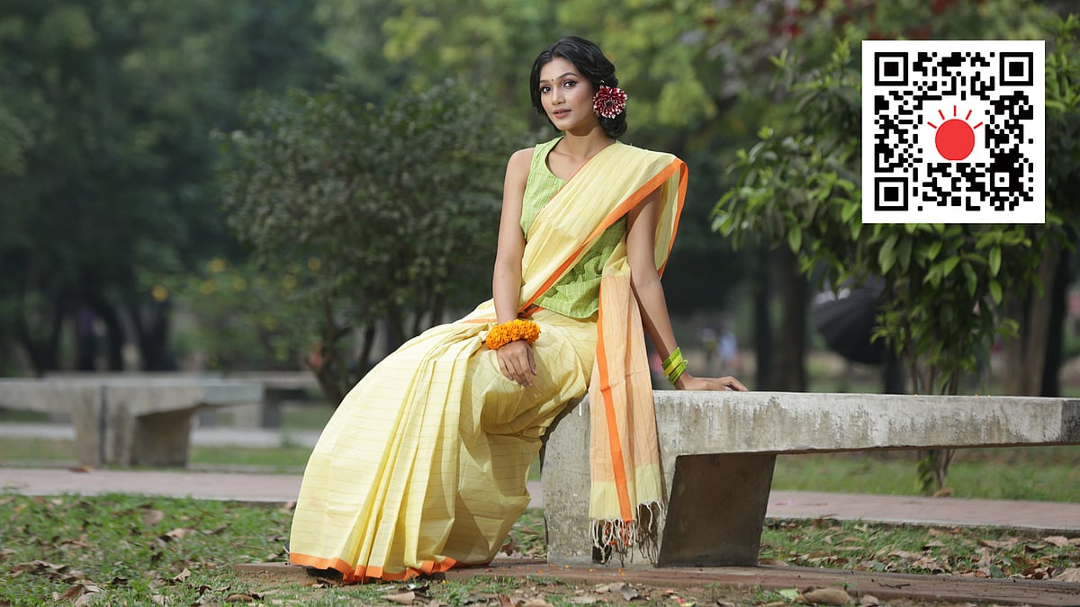 সাজে বসন্তের রং। দেশালের এই শাড়ি কেনা যাবে https://deshal.net/shop/tuni-8  থেকে , নকশার পাঠকদের জন্য থাকছে ১০ শতাংশ ছাড়