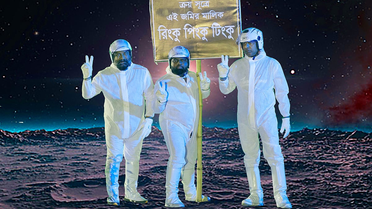 মিশন চাঁদ নাটকের দৃশ্যে অভিনেতা চাষী আলম, মারজুক রাসেল ও অনিক।