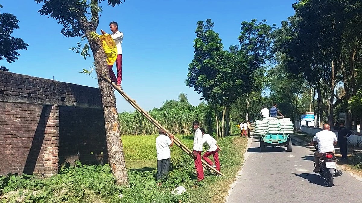 শিক্ষার্থীদের দিয়ে ঝুঁকি নিয়ে টাঙানো হচ্ছে শিক্ষার্থী ভর্তির বিজ্ঞাপন