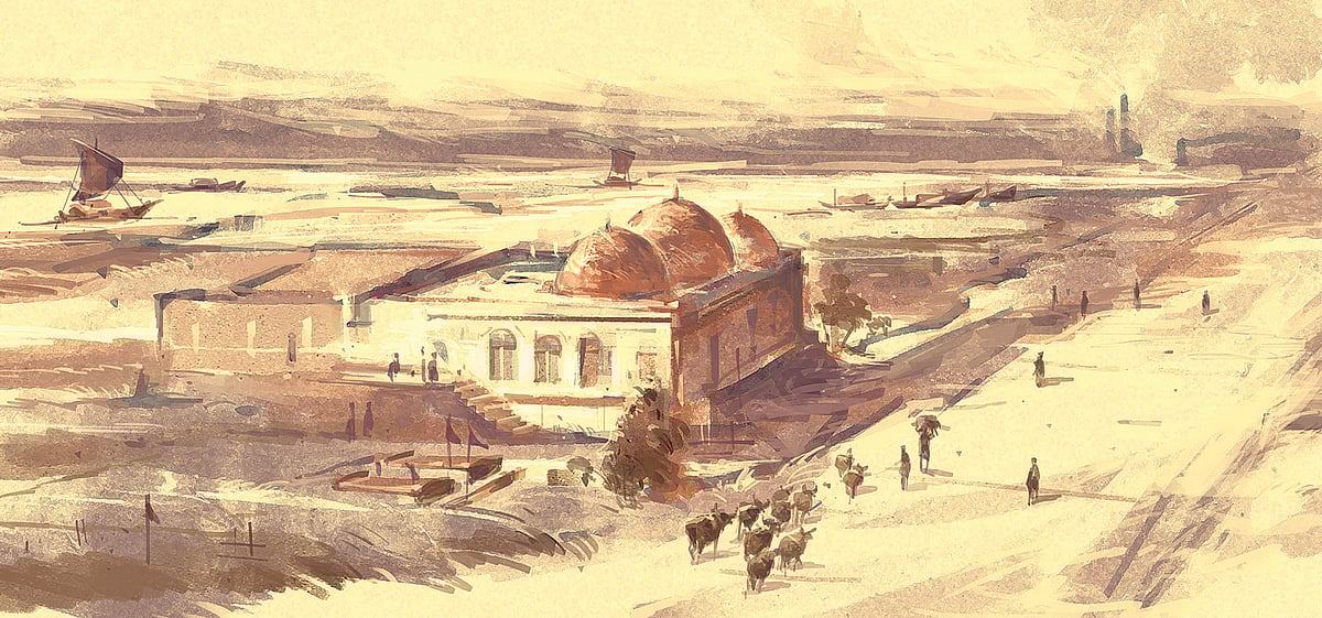 শিল্পীর চোখে আম্বর শাহ মসজিদের গম্বুজসহ পঞ্চাশ দশকের কারওয়ান বাজার