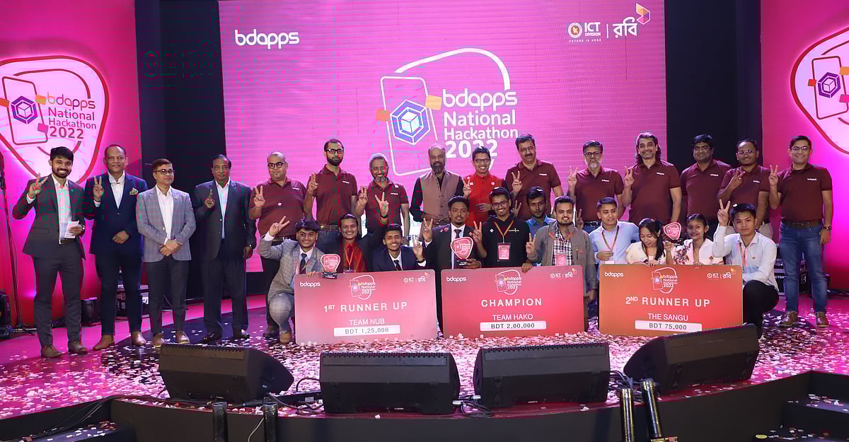 বিডিঅ্যাপস ন্যাশনাল হ্যাকাথন প্রতিযোগিতায় বিজয়ী দলের সঙ্গে অতিথিরা