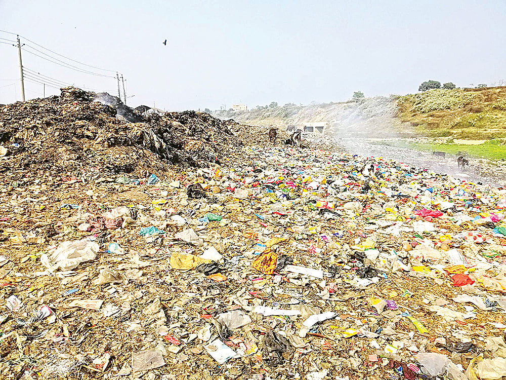ময়লা-আবর্জনার স্তূপ। গতকাল ভৈরব পৌর শহরের জিল্লুর রহমান শহর রক্ষা বাঁধ সড়কের পাশে