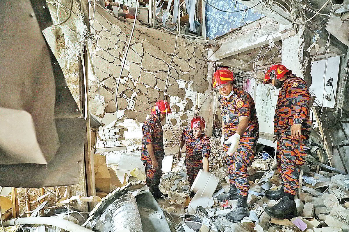 রাজধানীর সিদ্দিকবাজারে বিধ্বস্ত ভবনে উদ্ধারকাজে ফায়ার সার্ভিসের সদস্যরা